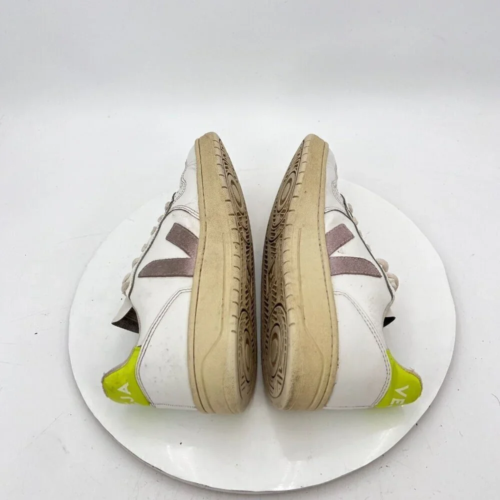 Veja V-10 Women Sz 6 White Neon Leather Brown Stitch V Logo Suede Training Shoes